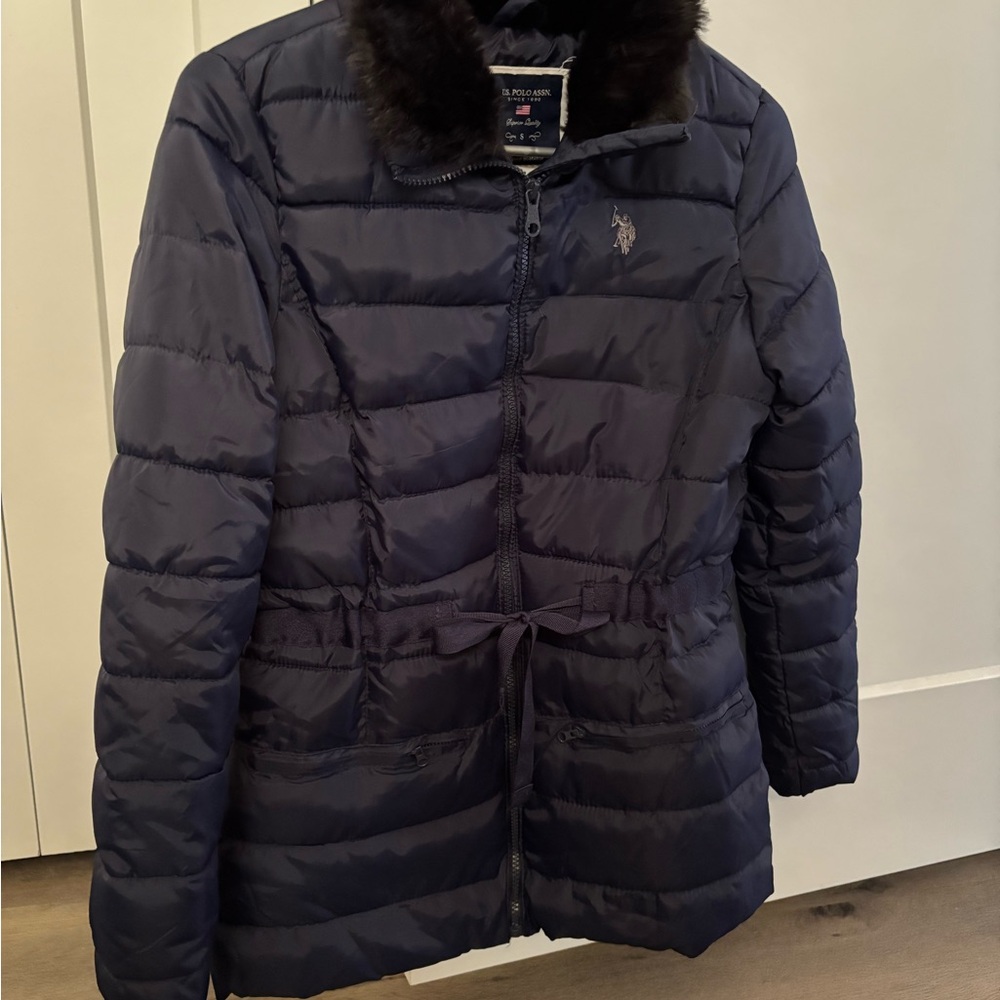 U.S. Polo Assn. Dark Blue Puffer Jacket with Faux Fur Trim